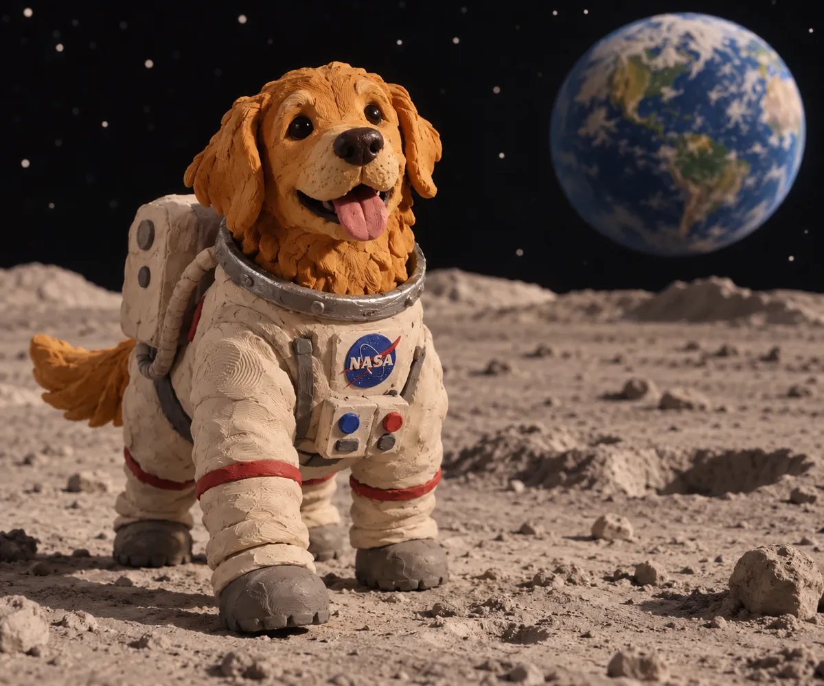 Claymation golden retriever in a little astronaut suit standing on the moon, fingerprints in the clay, stop-motion lighting, Earth in the sky