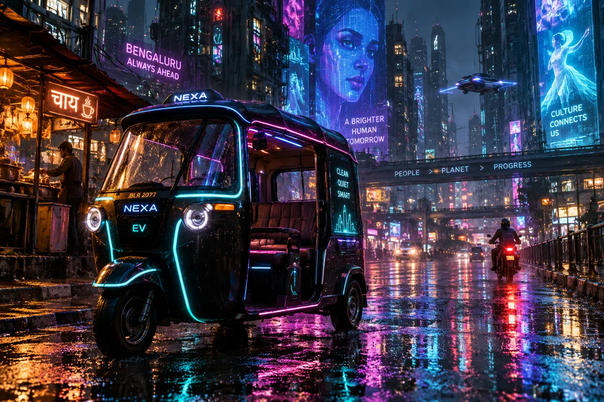 A futuristic auto-rickshaw with neon trim parked in a rain-soaked cyberpunk street at night, holographic signs, reflections in puddles, cinematic