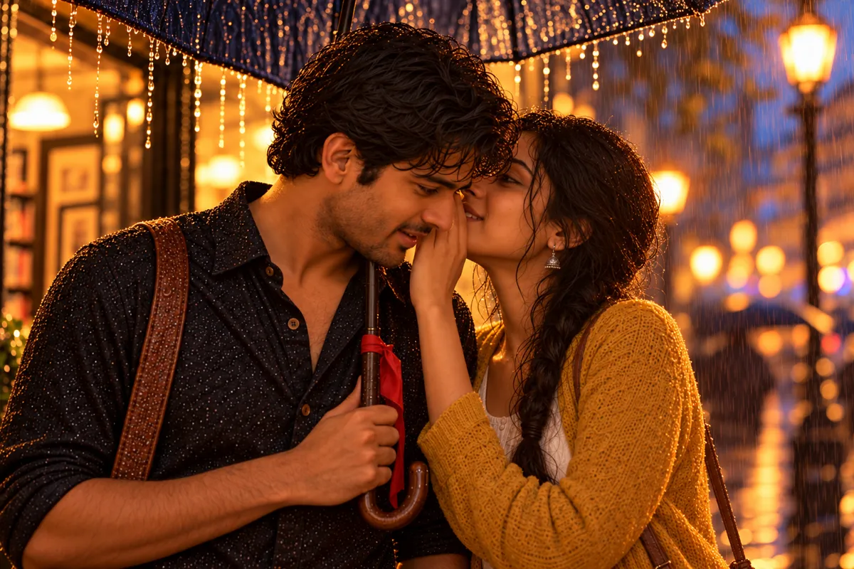 Meera steps closer to Aarav and whispers to him, their faces close, the red ribbon on the umbrella handle visible between them.