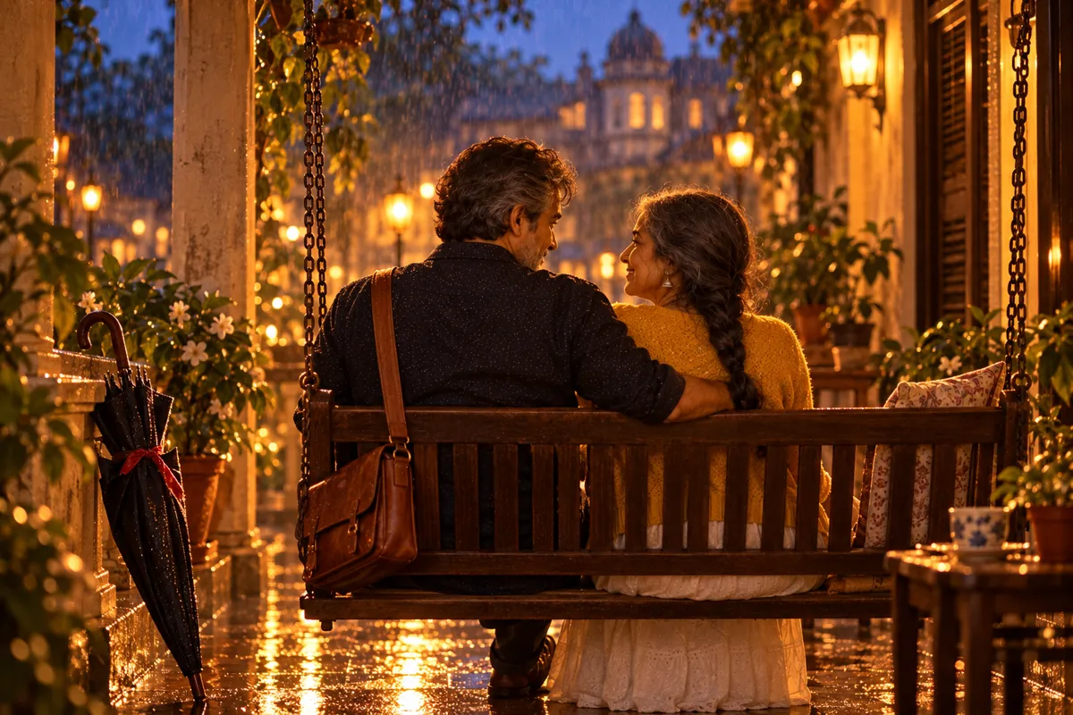 Many years later: the same couple, now in their sixties with grey hair but the same faces, sit together on a porch swing during gentle rain.