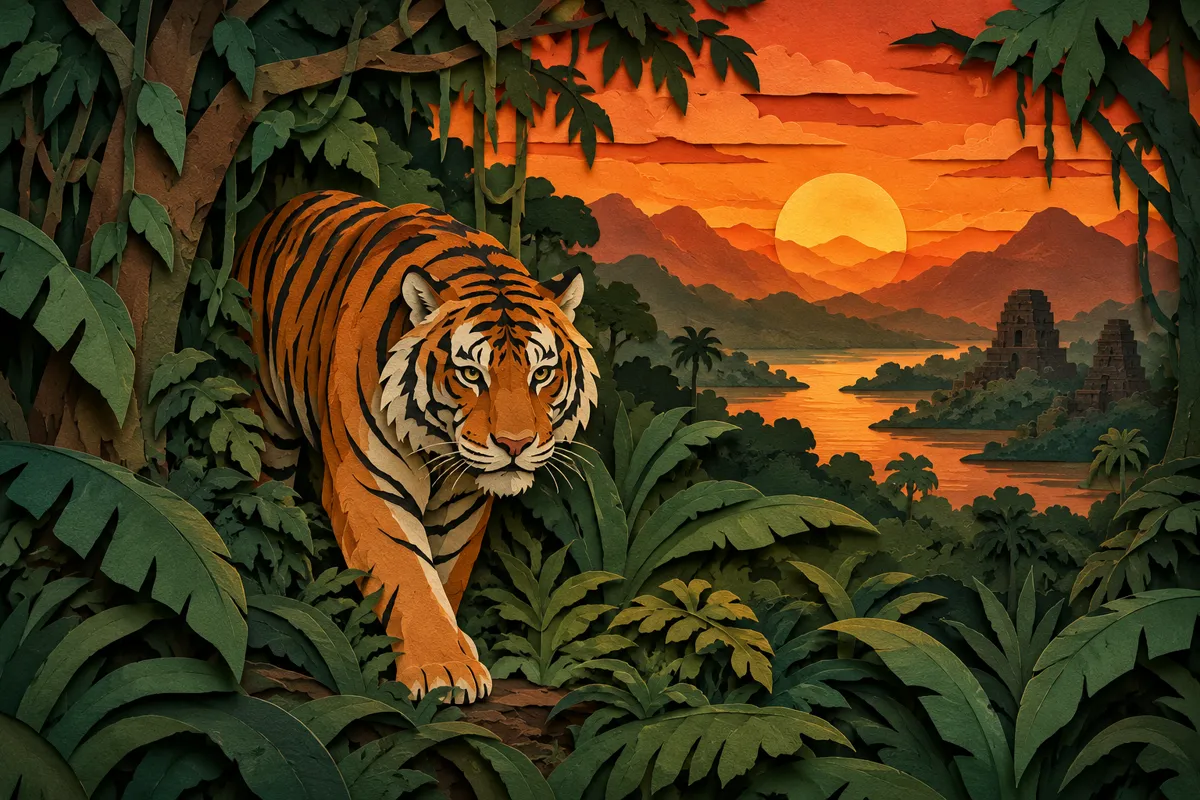 Layered paper-cut art of a tiger walking through a jungle at sunset, many depth layers, warm orange and deep green, soft shadows between layers