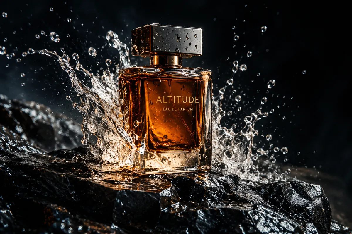 Cinematic product shot of an amber glass perfume bottle on wet black stone, a frozen splash of water around it, dramatic rim light, dark background