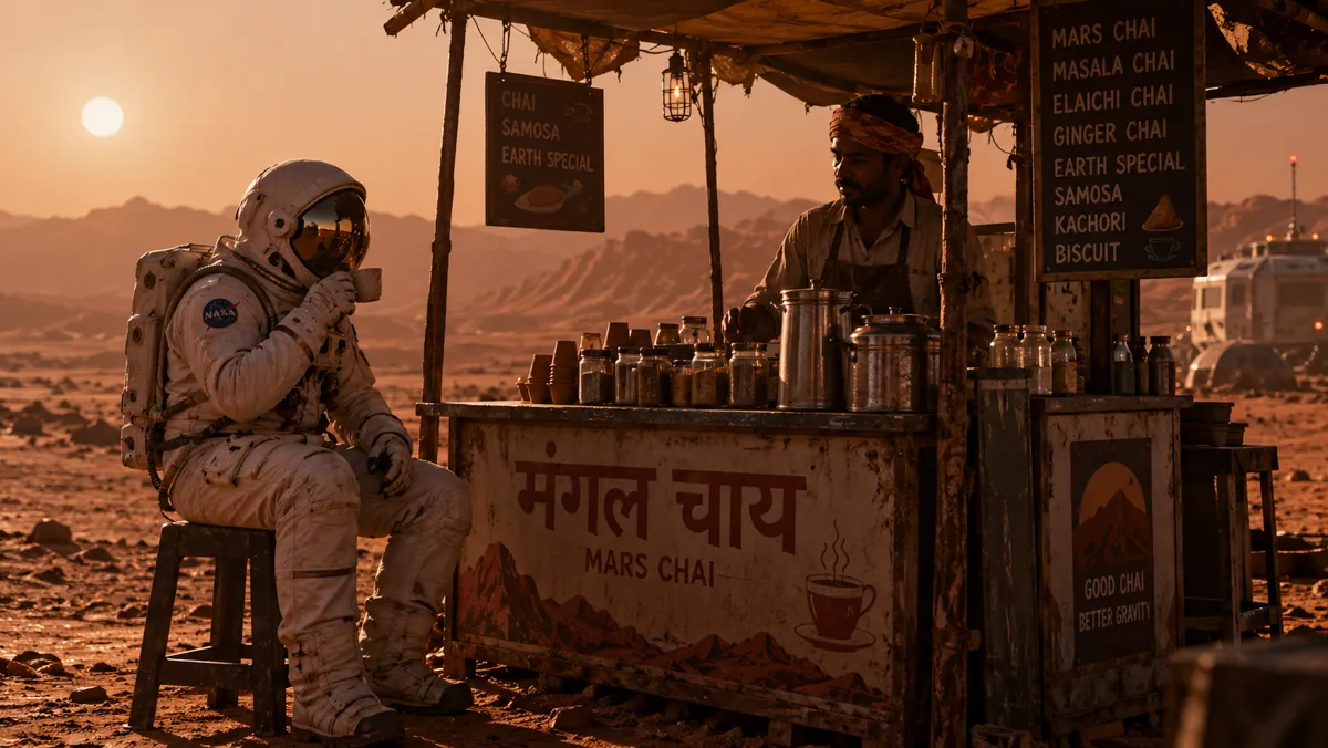 An astronaut sitting at a small roadside chai stall on Mars, sipping from a clay cup, red dunes and a pale sun behind, cinematic film still
