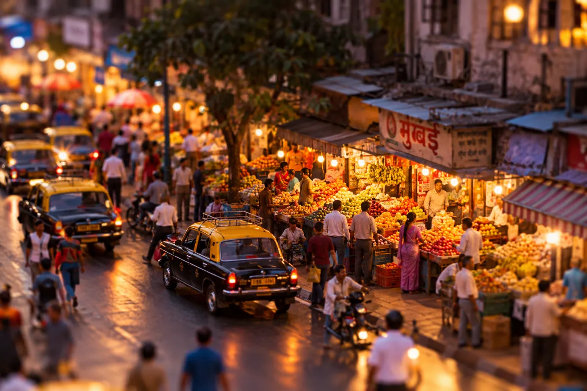 Tilt-shift miniature diorama of a busy Mumbai street market at dusk, tiny people, glowing fruit stalls, yellow-and-black taxis, shallow depth of field