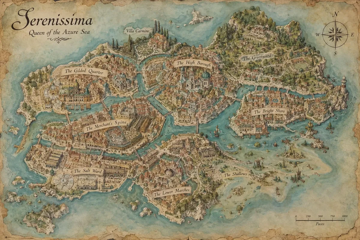 Watercolour fantasy map of an imaginary island city, winding canals, tiny bridges, hand-lettered place names, compass rose, aged paper